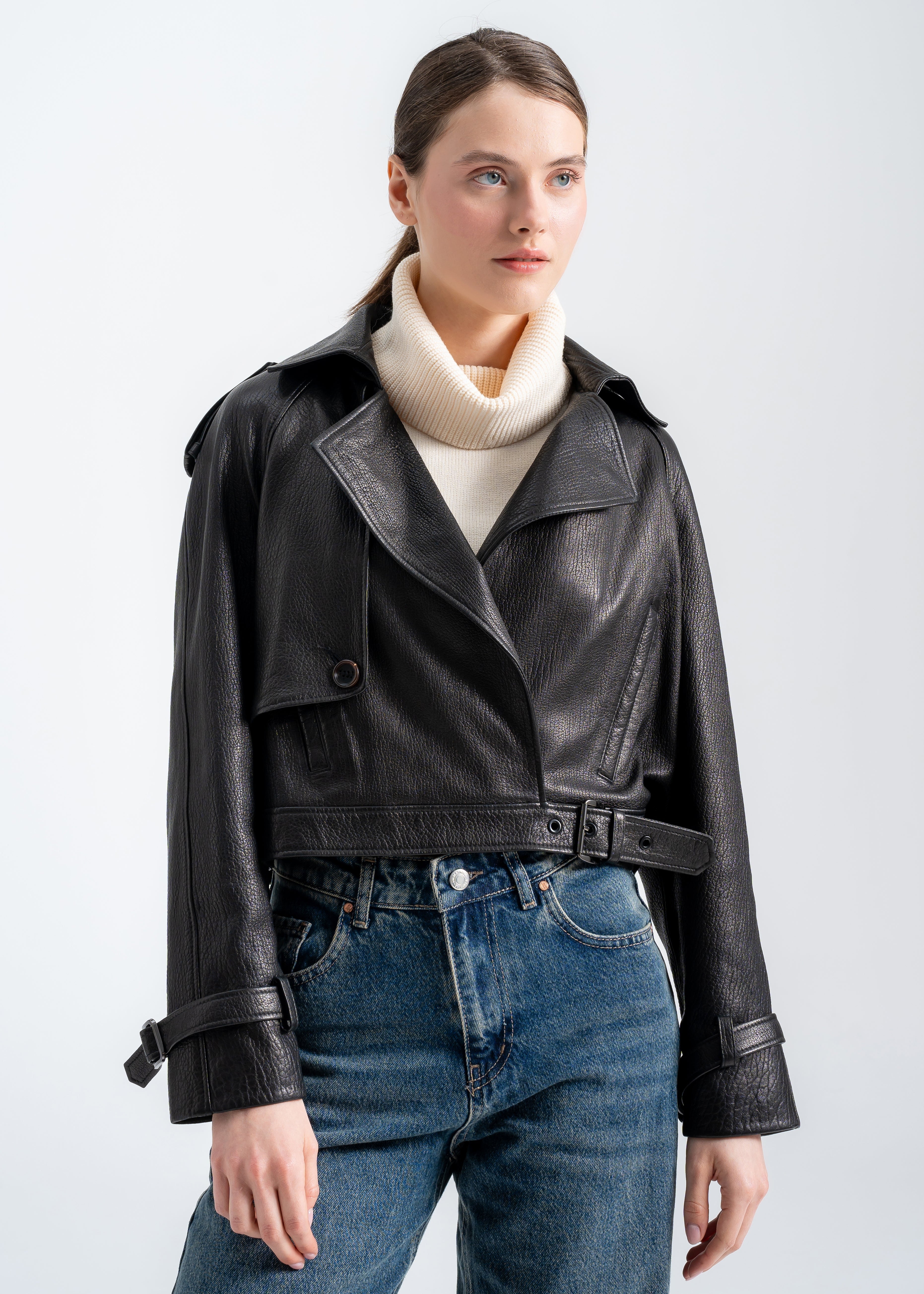 Lebeni Black Textured Lambskin Leather Jacket
