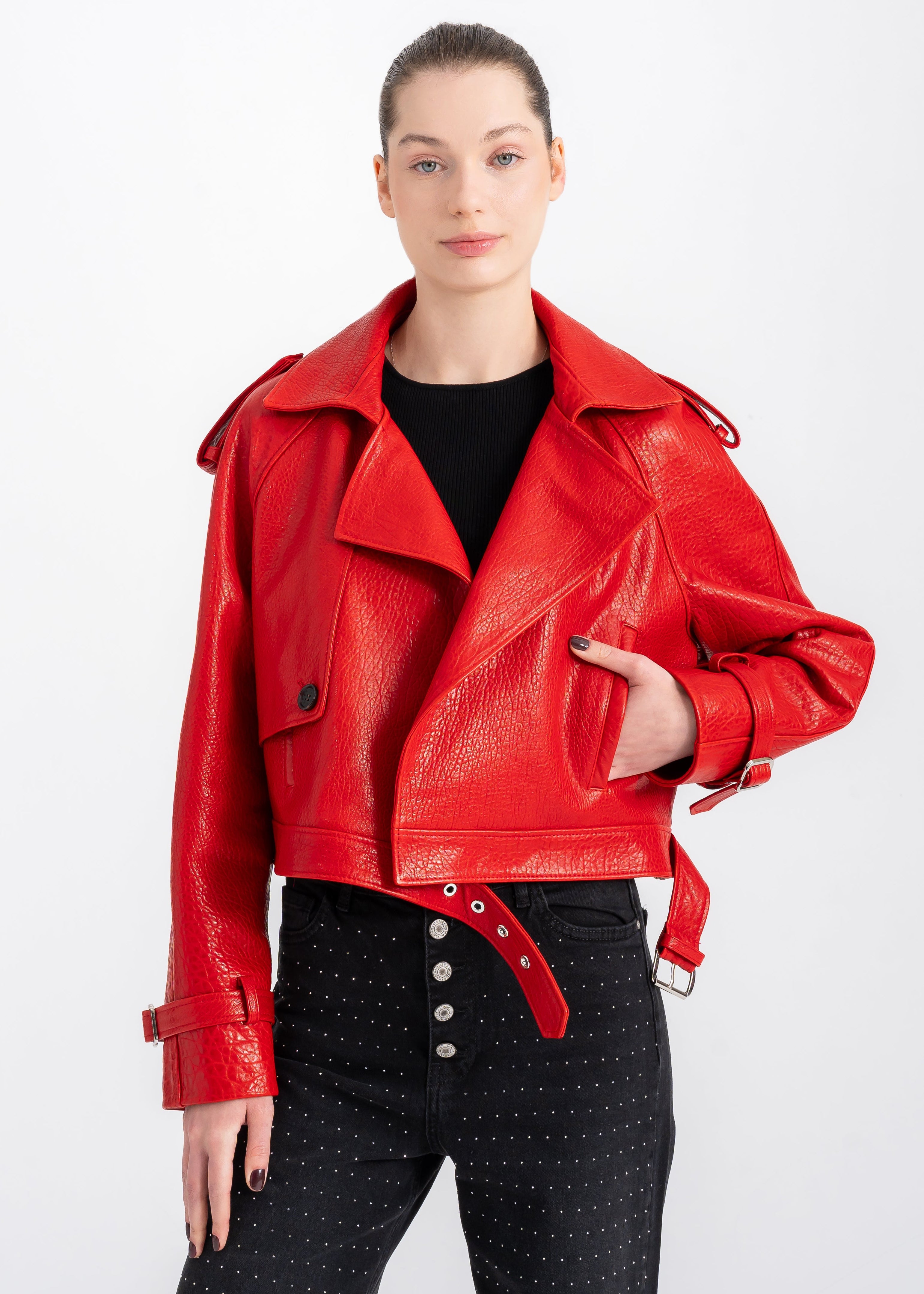 Lebeni Crimson Red Textured Lambskin Leather Jacket