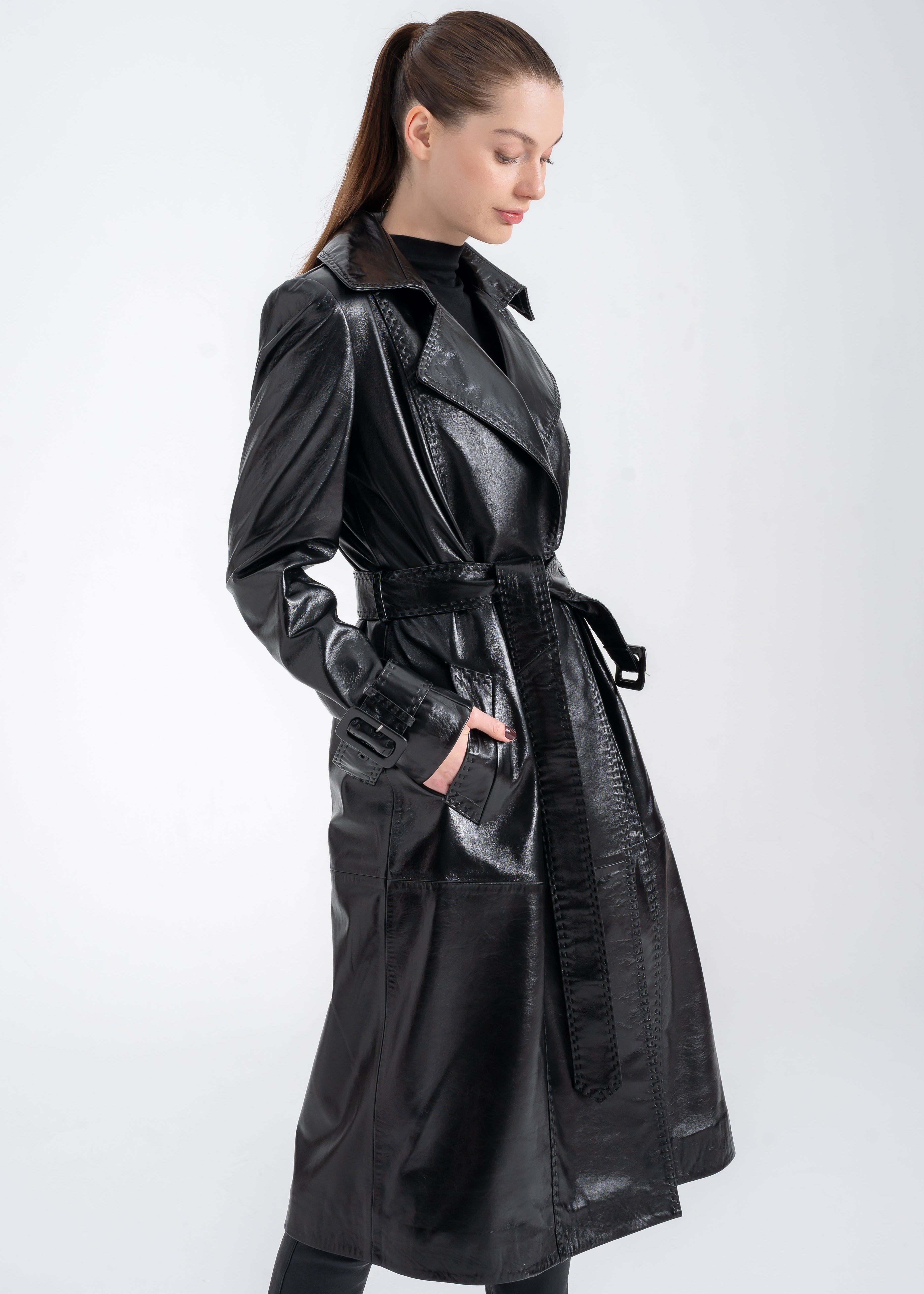 Lebeni Midnight Black Lambskin Leather Trench Coat