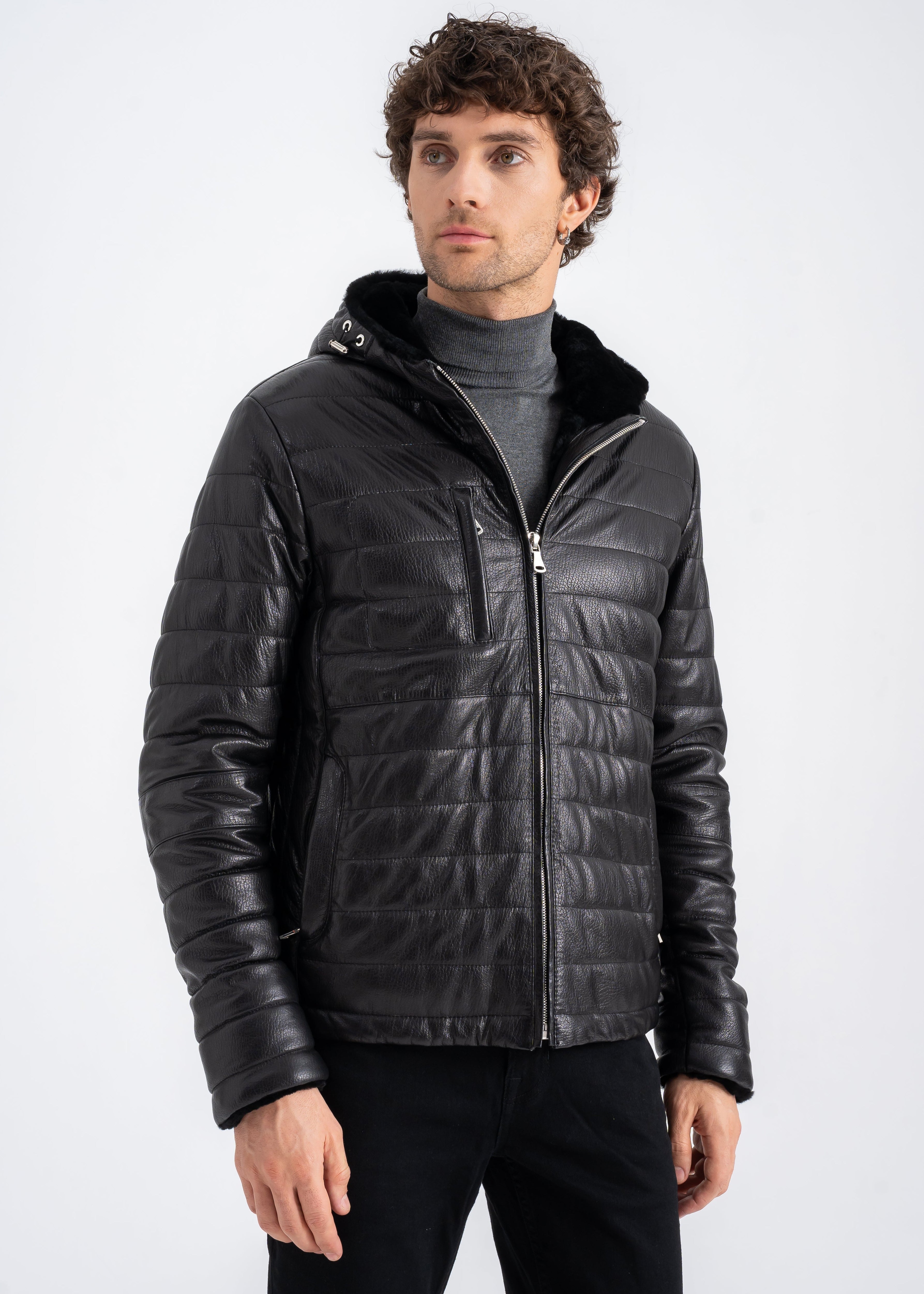 Lebeni Men’s Black Lambskin Shearling-Lined Quilted Leather Jacket