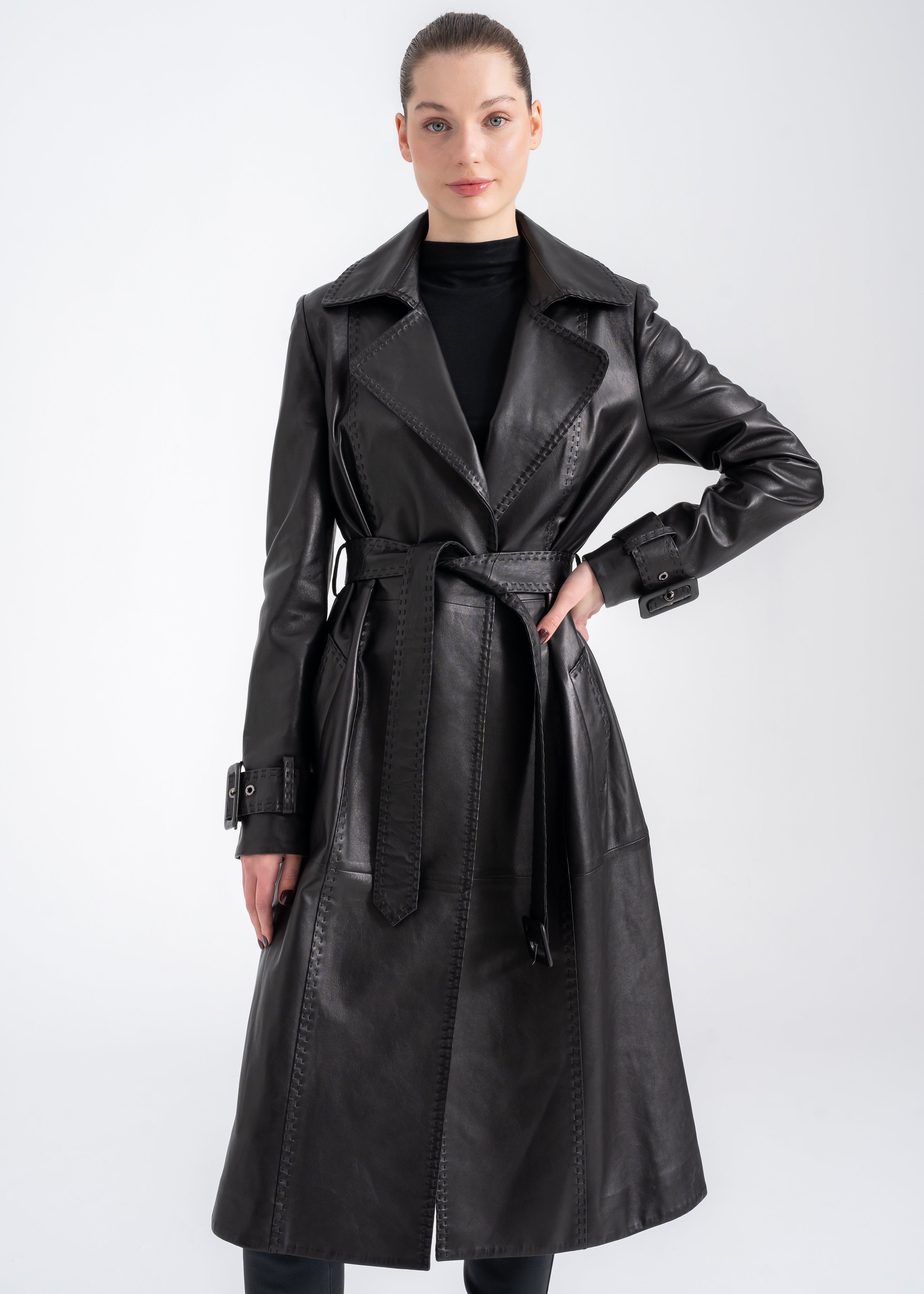 Lebeni Black Lambskin Leather Trench Coat