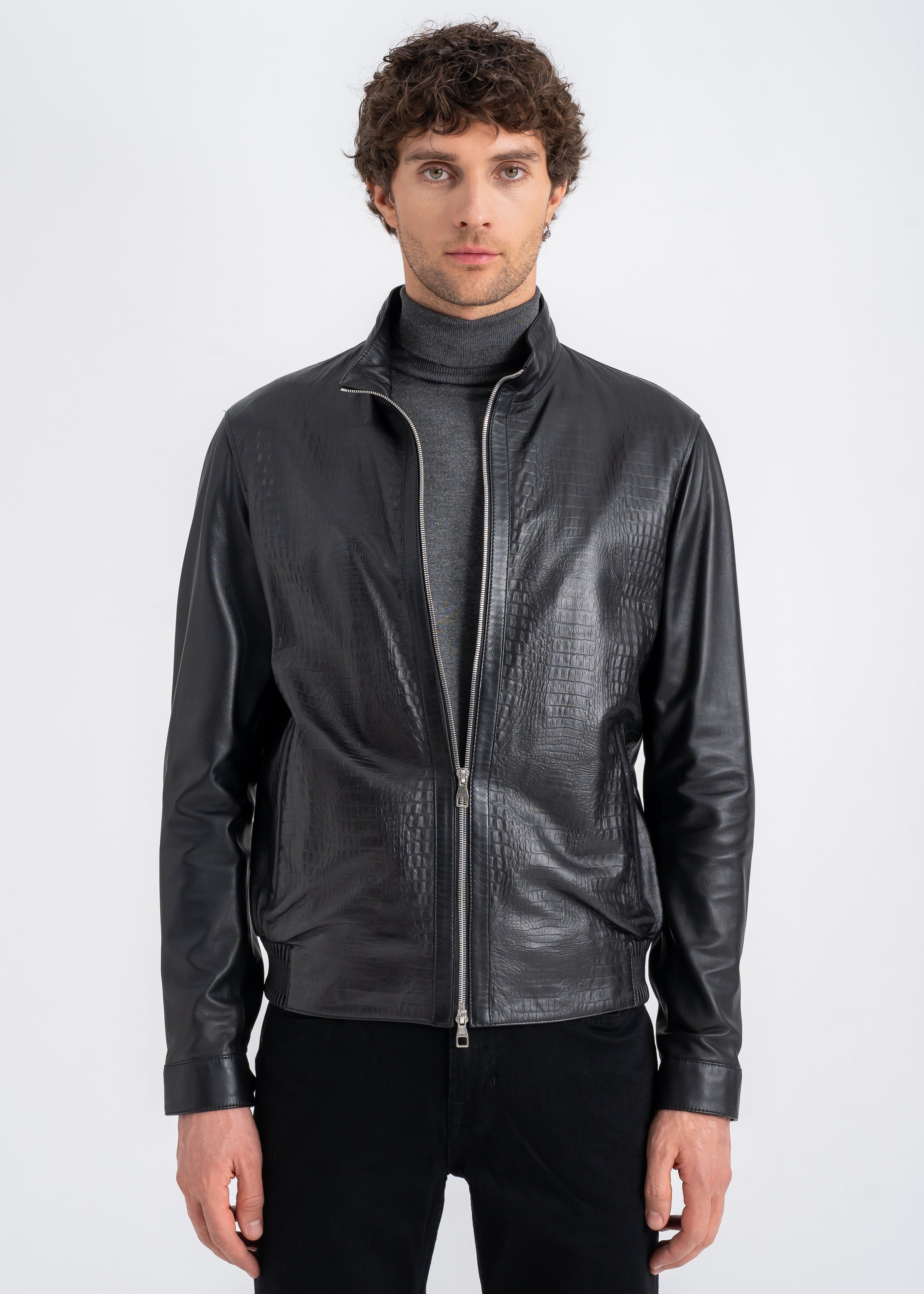 Lebeni Men’s Black Lambskin Leather Jacket with Croco-Embossed Front