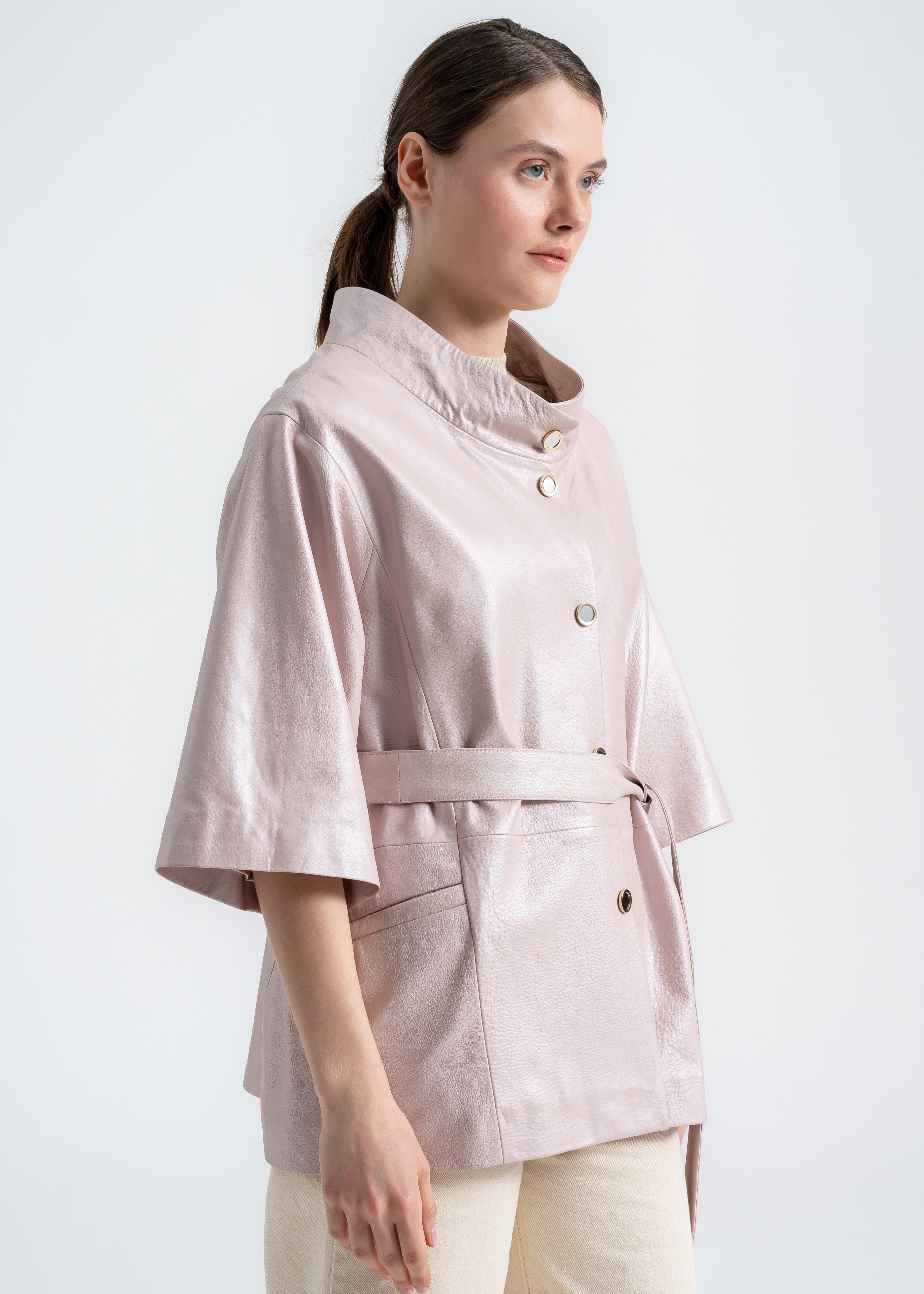 Lebeni Soft Pink Lambskin Leather Jacket with Belt
