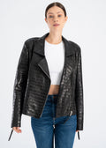 Woman wearing a fitted black croco embossed lambskin leather jacket with stand collar, front gold tone zipper, discreet side zip pockets and smooth satin lining by Lebeni.